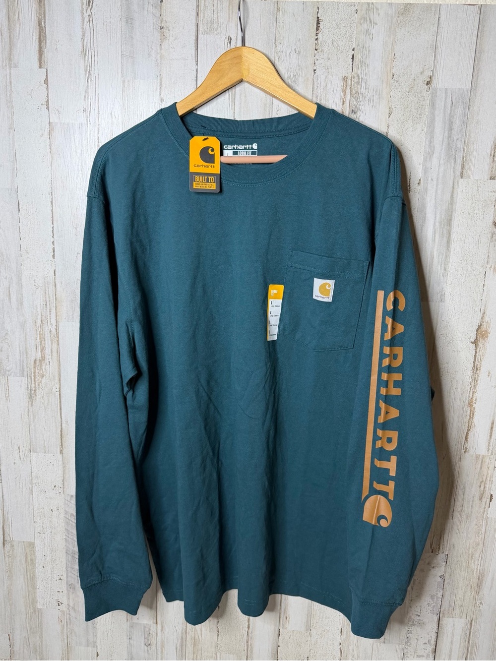 Carhartt Teal Long Sleeve Pocket Tee with Gold Sleeve Logo